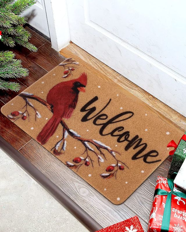 Photo 1 of  CiyvoLyeen Cardinal Welcome Doormat Winter Holidays Indoor Outdoor Entrance Floor Mat Home Front Porch Rugs Christmas Housewarming Greetings Decoration Gift Ideas 17x 29.5 Inches 