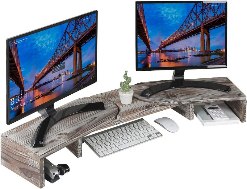 Photo 1 of J JACKCUBE DESIGN Rustic Wood Dual Monitor Stand with Adjustable Angle Riser 2 Monitors Office Desk Organizer Computer Table top Screen Shelf for PC TV Laptop 
