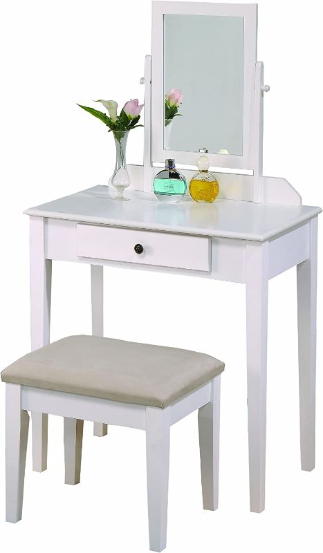 Photo 1 of  Crown Mark Iris Vanity Table/Stool, White Finish with Beige Seat (2208SET-WH) 