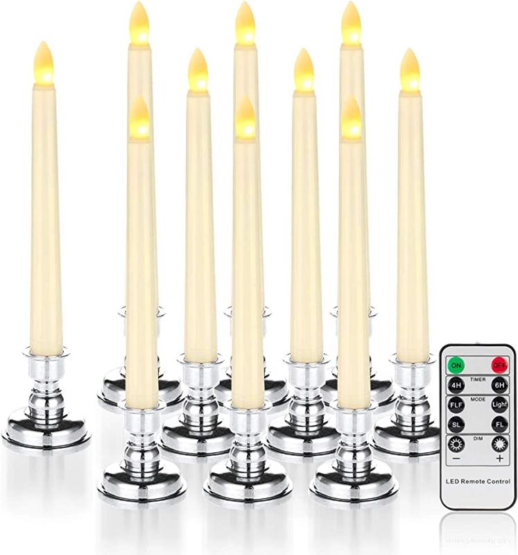 Photo 1 of Amagic 9Pcs Christmas Window Candles with Timer, Flameless Taper Candles with Silver Bases, Battery Operated Window Candles, Flickering Flame Warm White, Remote Control, Ivory, Christmas Decorations

