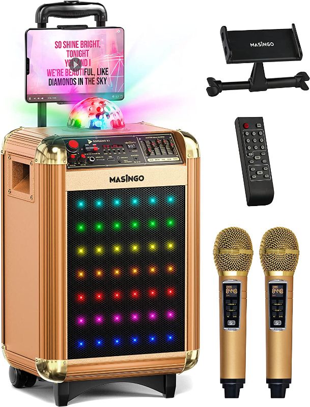 Photo 1 of MASINGO Karaoke Machine for Adults & Kids with 2 UHF Wireless Microphones - Portable Singing PA Speaker System w/Two Bluetooth Mics, Party Lights, Lyrics Display Holder & TV Cable - Soprano X1 Gold
