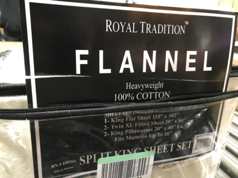 Photo 2 of  Royal Tradition Heavyweight Flannel, 100 Percent Cotton Split King 5PC Sheets Set for Adjustable Beds, Ivory, 170 GSM 