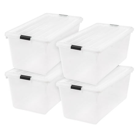Photo 1 of  IRIS USA 91 Quart Large Storage Bin Utility Tote Organizing Container Box with Buckle Down Lid for Clothes Storage Clear Set of 4 