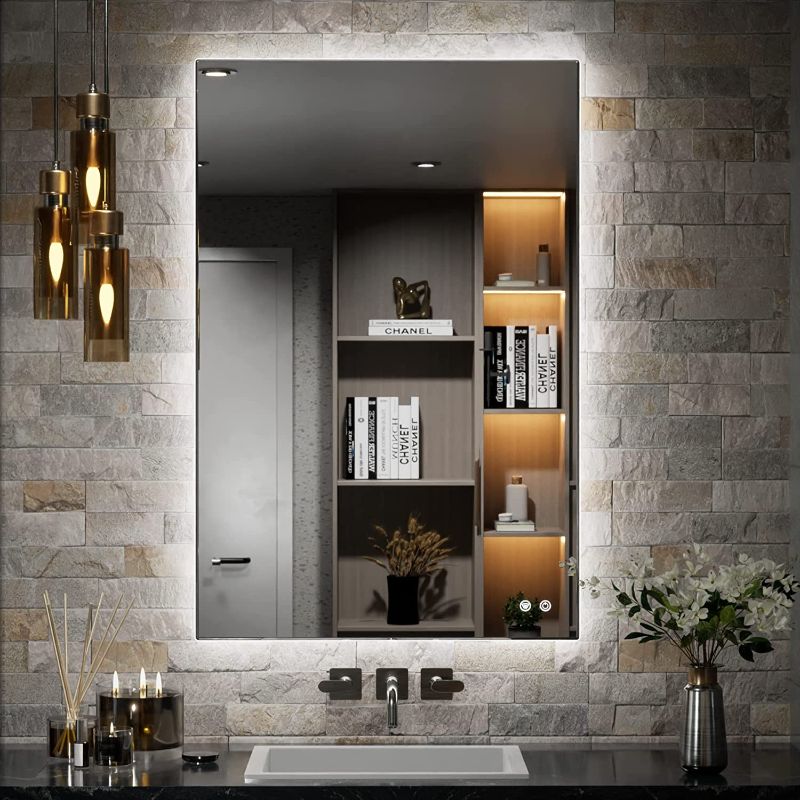 Photo 1 of  TETOTE 27 X 19 Inch LED Mirror Backlit Bathroom,Anti-Fog Mirror with Light,Dimmable,CRI90+,IP54 Water Proof,Wall Mounted Vanity Lighted Mirror,Horizontal/Vertical 