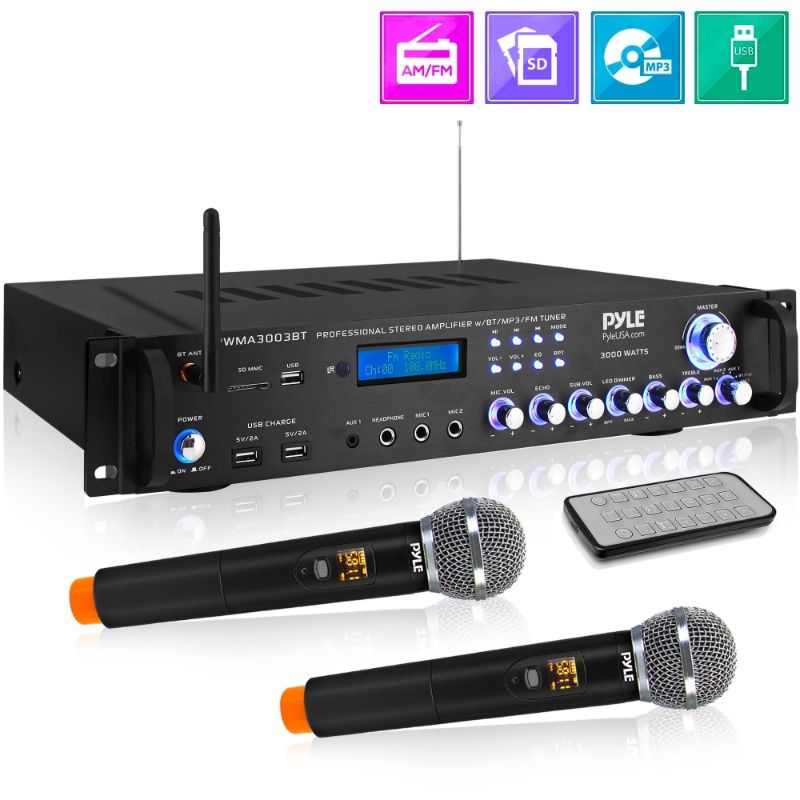 Photo 1 of  Pyle PWMA3003BT.NEW - Home Theater Pre-Amplifier System - Pro Audio Multi-Channel Stereo Receiver with (2) VHF Micros MP3/USB/SD Readers FM Radio 