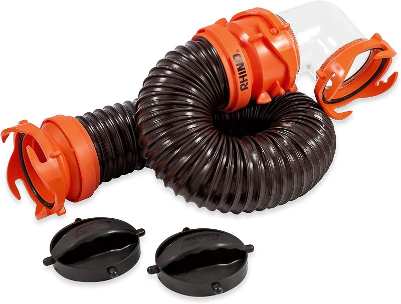 Photo 1 of  Camco RhinoFLEX Tote Tank 3-foot Sewer Hose Kit | Features a Clear Low-Profile 90-Degree Elbow, Steel Wire Reinforced Polyolefin Construction, and 4 Bayonet Prongs on Each End (39768) 