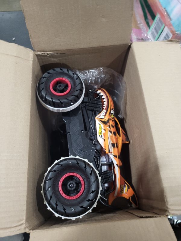 Photo 2 of Hot Wheels Monster Trucks, Remote Control Car, Monster Truck Toy with All-Terrain Wheels, 1:15 Scale Unstoppable Tiger Shark RC