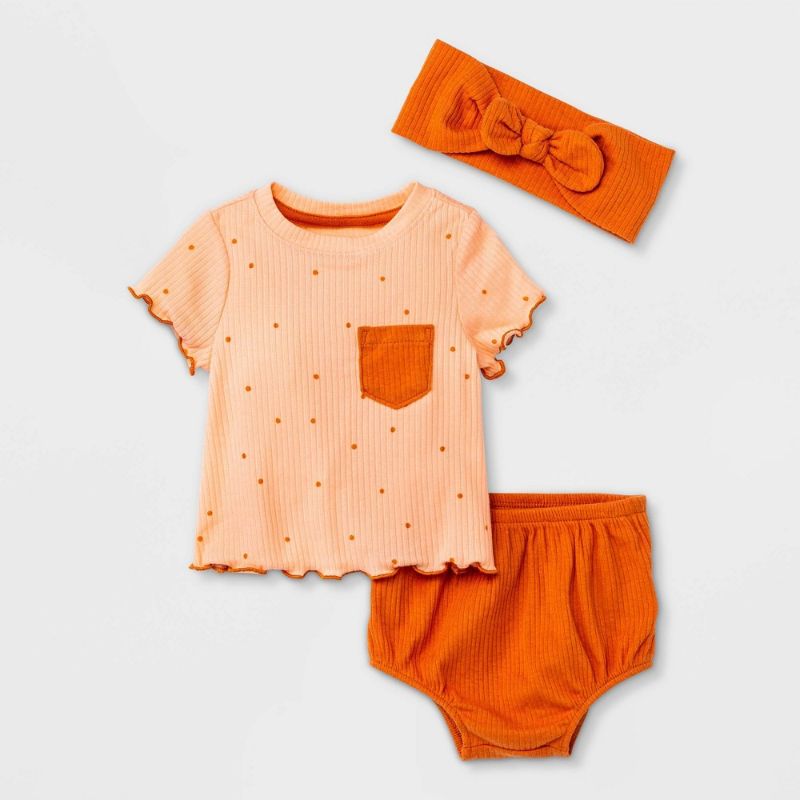 Photo 1 of Baby Girls' Peach Dot Rib Short Sleeve Top & Bottom Set with Headband - Cat & Jack™ Peach Orange
SIZE-12M
