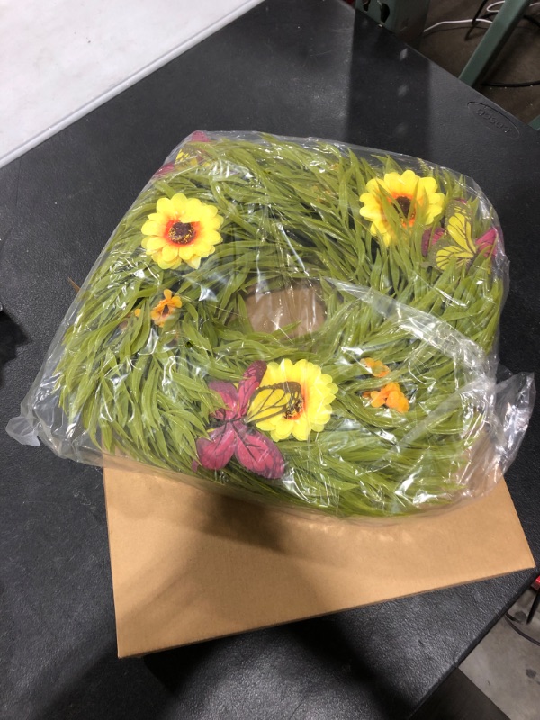 Photo 1 of 18" Prelit Summer Wreath Front Door Decor Artificial Sunflower Fall Wreath 30 Lights ,Battery Operated Boxwood Summer Wreath Decoration Spring Indoor Outdoor Home Window Wall Farmhouse