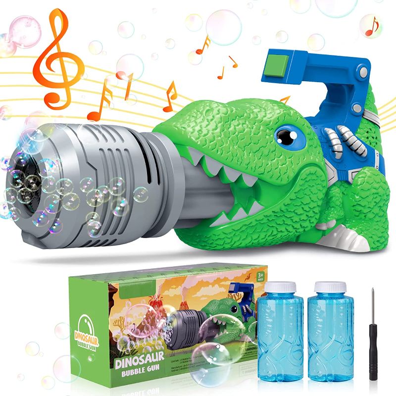 Photo 1 of Dinosaur Bubble Machine with 2 Bottles Bubble Refill Solustion?10 oz Total? Bubble Gun Handheld Sounds& Lights Summer Outdoor Toys Easter Birthday Gift Toy for 3+ Year Kids Toddler
