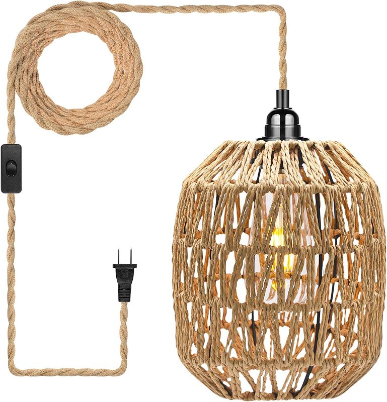 Photo 1 of HURYEE Hanging Lights with Plug in Cord with 15ft Industrial DIY Twisted Hemp Rope Overhead Lamps Rattan lamp Boho Light Fixture for Farmhouse Bedroom Home Lighting Decors
