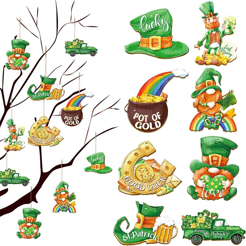 Photo 1 of 24 Pcs St. Patrick's Day Wooden Ornament Green Shamrock Party Hanging Pendant Decoration Lucky Irish Day Wood Crafts Gold Coin Clover Gnome Tree Decor for St. Patrick's Day Home Party Supplies