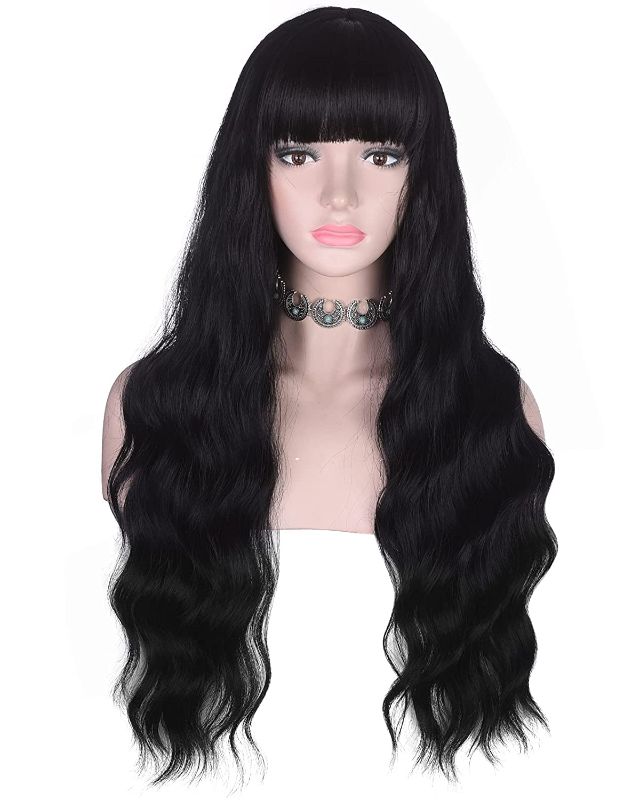 Photo 1 of AMZCOS Long Wavy Black Wig with Bangs for Women Heat Resistant Synthetic Hair Wigs for Daily Use(Black)