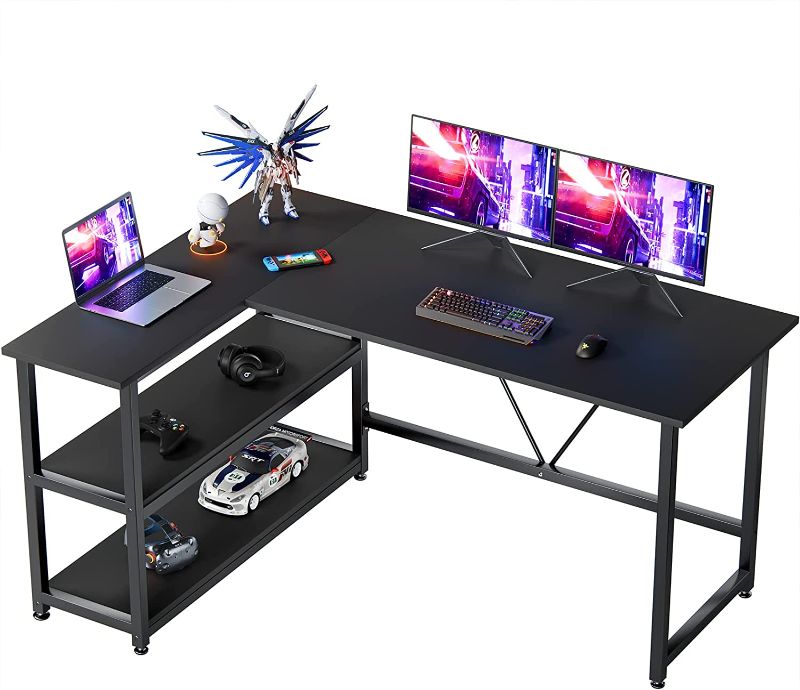 Photo 1 of GreenForest Small L Shaped Gaming Desk 51x35.4 inch Reversible Corner Gaming Computer Desk with Storage Shelves for Home Office PC Workstation Laptop Table, Black
