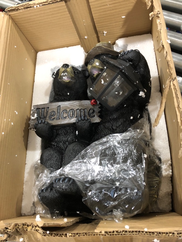 Photo 2 of Alpine Corporation 15" Tall Outdoor Bear Couple with Lantern and Welcome Sign Statue with Solar LED Light Yard Art Decoration