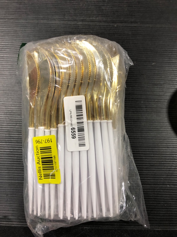 Photo 2 of 120PCS Gold and White Plastic Silverware - Gold Plastic Cutlery with White Handle, Disposable Gold Utensils Sets with 40 Plastic Spoons, 40 Plastic Forks, 40 Plastic Knives for Party 120 White Handle