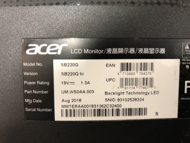 Photo 3 of Acer 21.5 Inch Full HD (1920 x 1080) IPS Ultra-Thin Zero Frame Computer Monitor (HDMI & VGA Port), SB220Q bi *STAND NOT INCLUDED 
