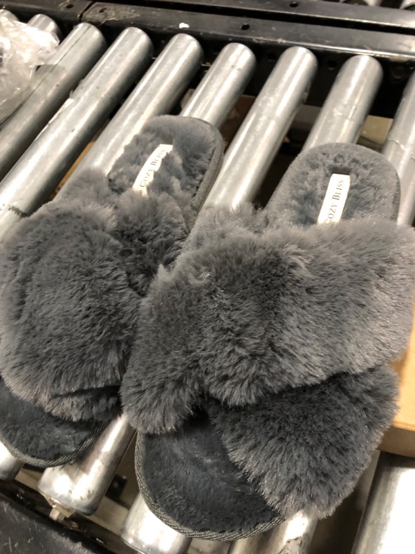 Photo 2 of Cozy Bliss Women's Faux Fur Slippers Cross Band Open Toe Breathable Fuzzy Fluffy House Slippers Memory Foam Anti-Skid Sole Indoor Outdoor Slippers 7-8 Grey