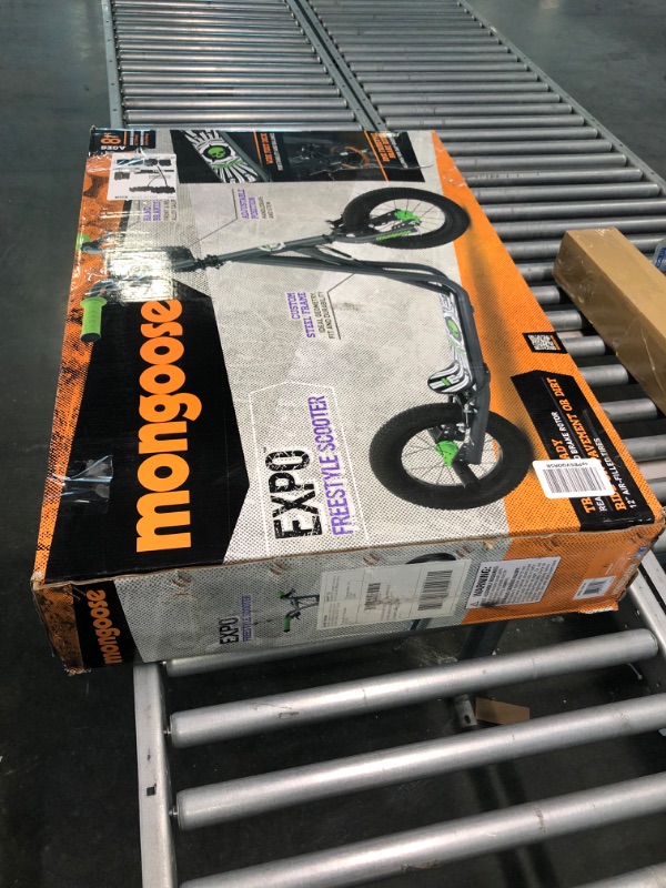 Photo 1 of Mongoose Expo Youth Scooter Front and Rear Caliper Brakes Rear Axle Pegs 12-Inch Inflatable Wheels Green/Grey
