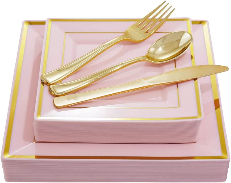 Photo 1 of KIRE 125 PCS Pink Plastic Plates, Gold Disposable Silverware, Plastic Pink and Gold Dinnerware, Includes: 25 Dinner Plates,25 Dessert Plates,25 Knives,25 Forks,25 Spoons, for Party&Shower
Visit the SUT Store