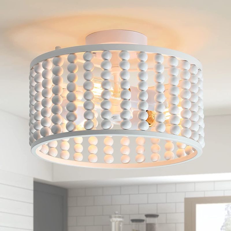 Photo 1 of tewei Wood Bead Chandelier, Semi Flush Mount Boho Nursery Ceiling Light Fixture Rustic 3 Lights Chandelier Farmhouse E26 for Kitchen Bedroom Living Dining Room White