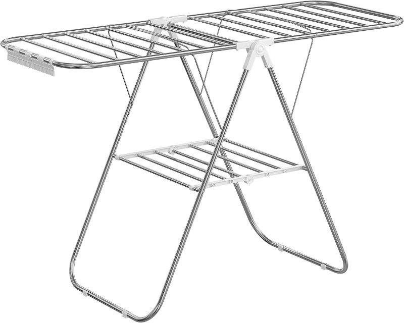 Photo 1 of SONGMICS Clothes Drying Rack, with Sock Clips, Stainless Steel Laundry Rack, Foldable, Space-Saving, Free-Standing Indoor Airer, with Height-Adjustable Gullwings, Silver and White ULLR052W01