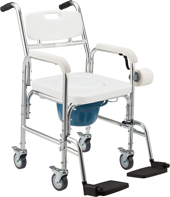 Photo 1 of Homguava Bedside Commode Chair, 4 in 1 Shower Commode Wheelchair Rolling Transport Chair Toilet with Arms for Seniors and Disabled Weight Capacity 350lbs (White)