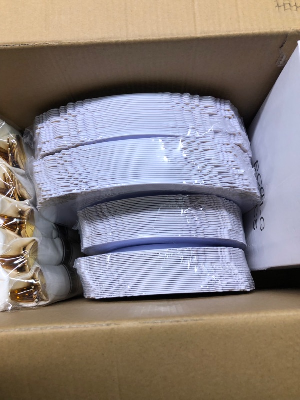 Photo 3 of Nervure 350PCS White and Gold Plastic Plates & Pre Rolled Napkins with Plastic Cutlery for 50 Guests-Gold Disposable Plates, 150 Gold Plastic Silverware, 50Cups, 50Napkins for Party & Thanksgiving