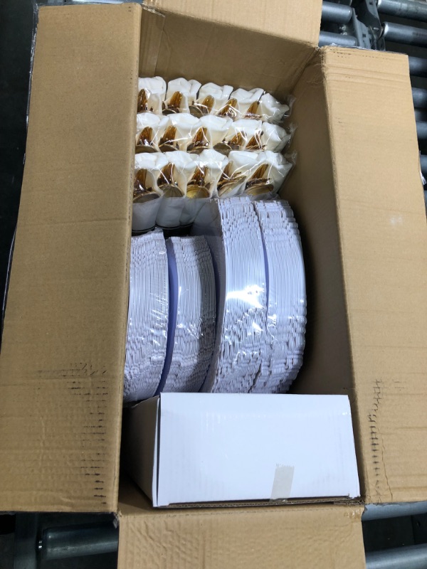 Photo 2 of Nervure 350PCS White and Gold Plastic Plates & Pre Rolled Napkins with Plastic Cutlery for 50 Guests-Gold Disposable Plates, 150 Gold Plastic Silverware, 50Cups, 50Napkins for Party & Thanksgiving