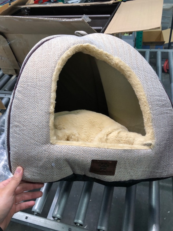 Photo 2 of WINDRACING Cat Bed for Indoor Cats - Cat Cave Bed Cat House Cat Tent with Removable Washable Cushioned Pillow, Soft and Self Warming Kitten beds,Cat Beds & Furniture, Pet Bed (Large, Grey) L(17.5 x 17.5 x 17.5 Inch) Beige