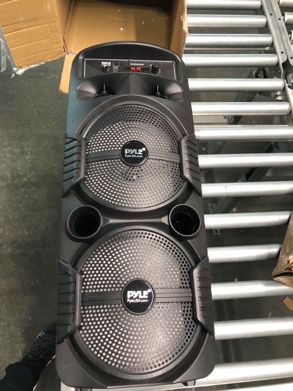 Photo 2 of Pyle Portable Bluetooth PA Speaker System - 600W Rechargeable Outdoor Bluetooth Speaker Portable PA System w/ Dual 8” Subwoofer 1” Tweeter, Microphone In, Party Lights, USB, Radio, Remote - PPHP2835B