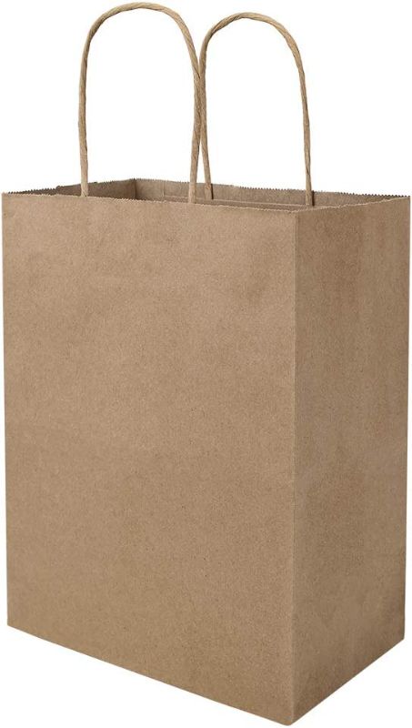 Photo 1 of 100 Pack 8x4.75x10 inch Plain Medium Paper Bags with Handles Bulk, Brown Kraft Bags, Craft Gift Bags, Grocery Shopping Retail Bags, Birthday Party Favors Wedding Bags Sacks