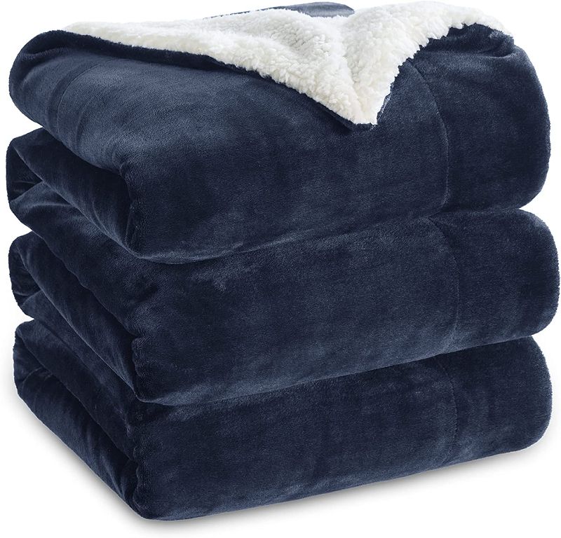 Photo 1 of Bedsure Sherpa Fleece King Size Blanket for Bed - Thick and Warm Blankets for Winter, Soft and Fuzzy Large Blanket King Size, Navy, 108x90 Inches