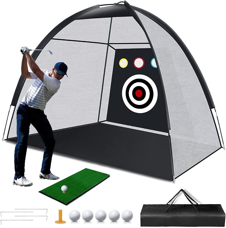 Photo 1 of LYKD Golf Nets for Backyard Driving, 10x7ft Practice Net with 3 Chipping Targets, Portable Training Equipment, 1 Mat/ 5 Balls/ Tees/ Carry Bag, Indoor & Outdoor Game, Black