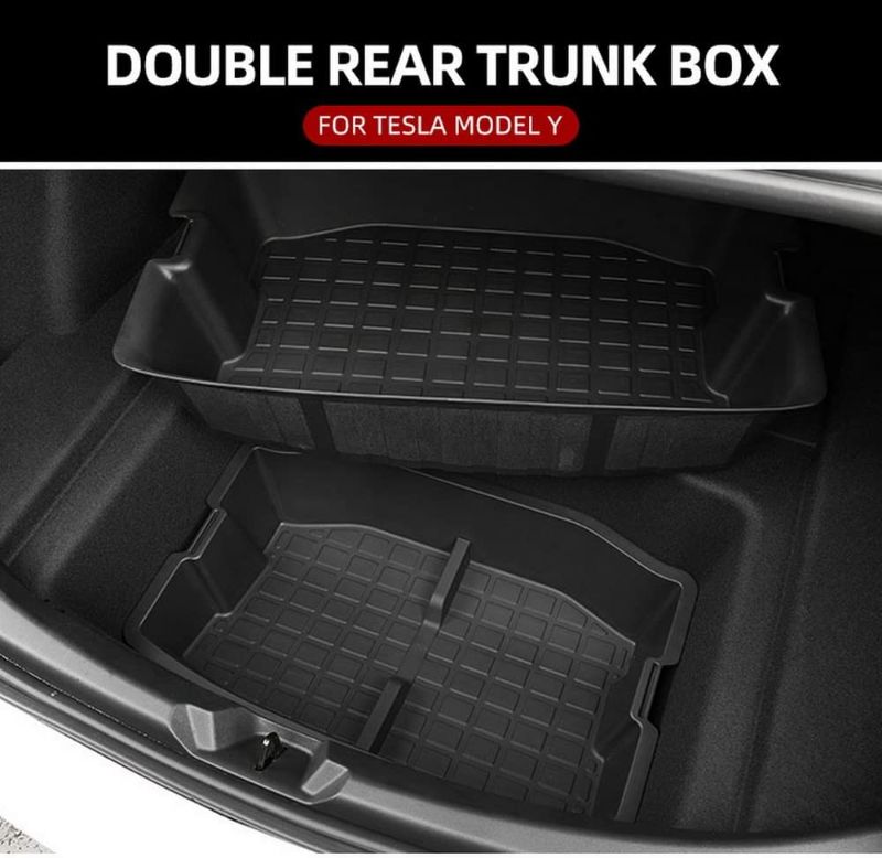 Photo 1 of chenchenArt Double-Layer Rear Trunk Storage Box for Tesla Model Y 2019 2020 2021 2022 Trunk Organizer Frunk Upper & Lower Storage Organizer Tray Model Y Accessories (NOT FITS 2023)