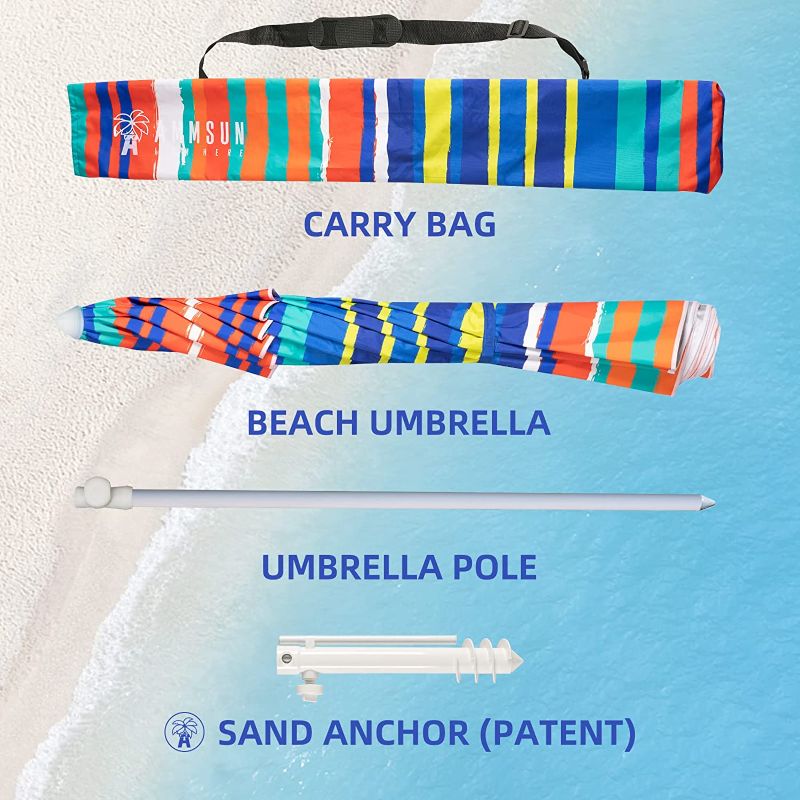 Photo 1 of AMMSUN Beach Umbrellas for Sand Heavy Duty Wind Portable,6.5 ft Beach Umbrella with Sand Anchor & UV 50+ Protection,Outdoor Patio Umbrella with Carry Bag for Beach Patio Garden Outdoor,Stripes