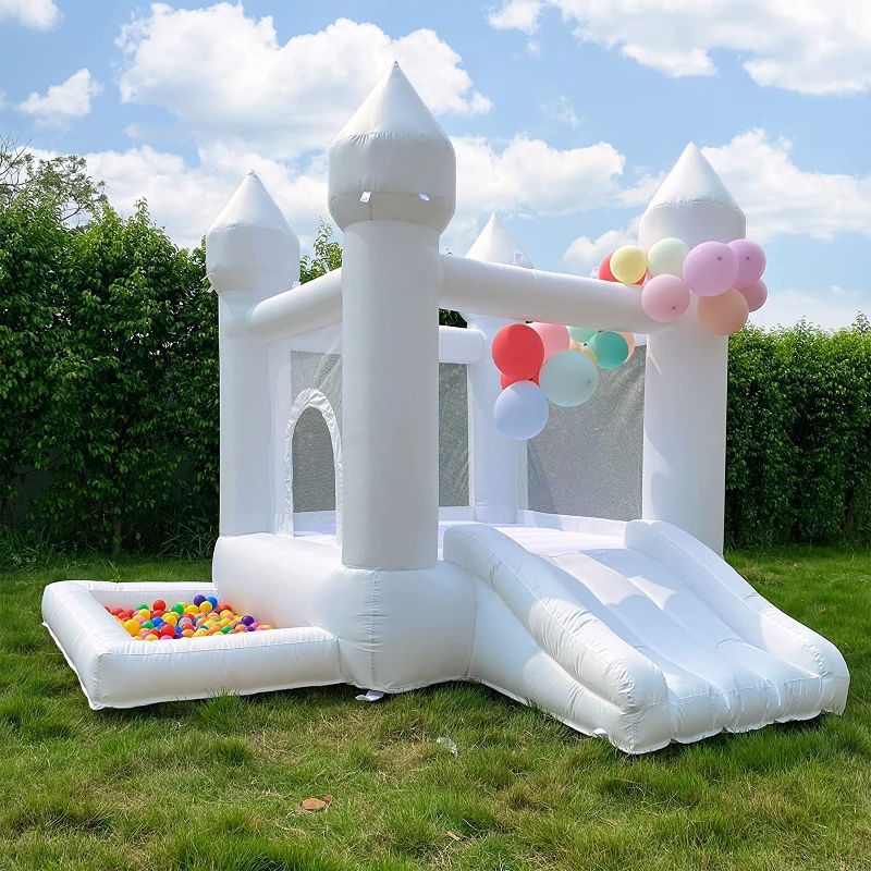 Photo 1 of White Bounce House, Castle Theme Kids Inflatable Trampoline with UL Blower, Durable and Easy to Set up, Safe and Fun for Active Kids.