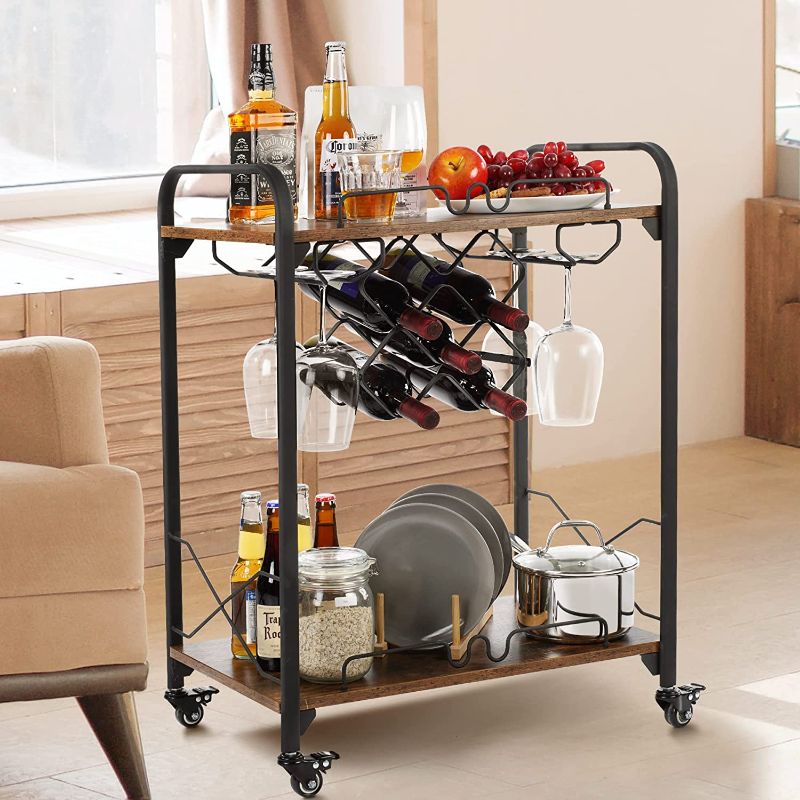 Photo 1 of Jubao Bar Carts for The Home, 2-Tier Mobile Bar Serving Cart with Wine Racks and Glasses Holders, Wine Cart on Wheels, Beverage Small Bar Cart for Kitchen, Living Room, Rustic Brown