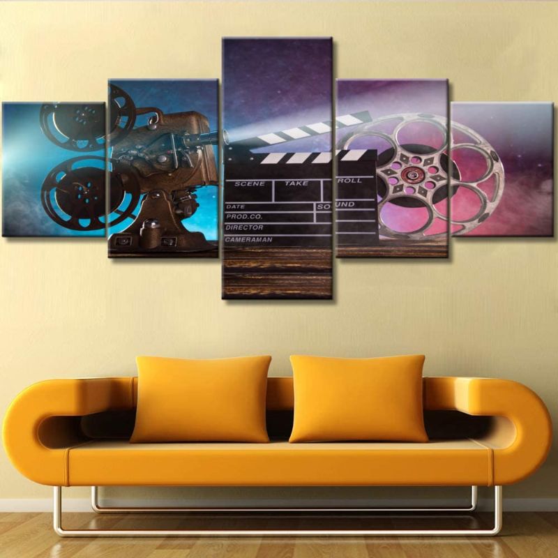 Photo 1 of Movies Paintings for Bedroom 5 Panel Black Prints Pictures on Canvas Retro Film Production Accessories Wall Art Giclee Home Decor Filmmaking Concept Artwork Frame Stretched Ready to Hang(50''Wx24''H)