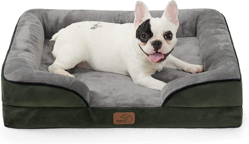 Photo 1 of Bedsure Medium Orthopedic Dog Bed, Bolster Dog Beds for Medium Dogs - Foam Sofa with Removable Washable Cover, Waterproof Lining and Nonskid Bottom Couch, Dark Green