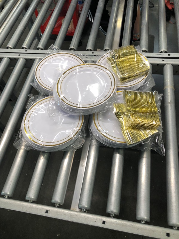 Photo 2 of Gold Plastic Plates Set of 125, Plastic Plates for Parties, Disposable Gold Party Plates, Elegant Dessert Salad Appetizer Dinner Plate for Weddings and Holidays