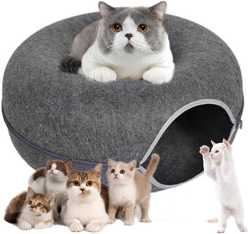 Photo 1 of Cat Felt Tunnel Toy, Cat Cave Bed, Cat Donut Tunnel. Interactive Play Toys for Cats. Cat Tunnels for Indoor Cats, Perfect Cat Accessories, Dark Grey