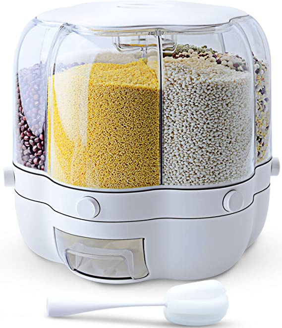Photo 1 of  Grain Dispenser, 7.2 Qt Rotating Rice Dispenser Storage Container, 6-Compartment Dry Food Dispenser with Measuring Cup, Food Storage Containers for Kitchen Small Grains, Beans, Rice (7.2Qt)