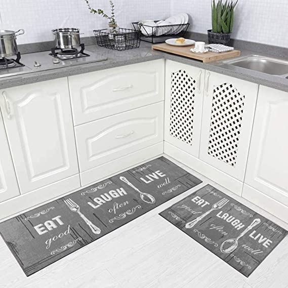 Photo 1 of Carvapet 2 Piece Kitchen Rug Set Non-Slip Backing Mat Throw Rug for Kitchen Doormat Runner Rug Set, Motto Design, Grey (17"x48"+17"x24")