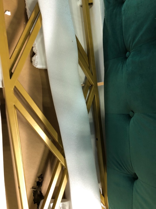 Photo 3 of 24KF Upholstered Button Tufted Long Bench with Golden Metal Frame Base, Velvet Fabric Entryway Long Bench 5075-G-JADE Bench with X-Golden base Jade- Velvet Fabric With X-base