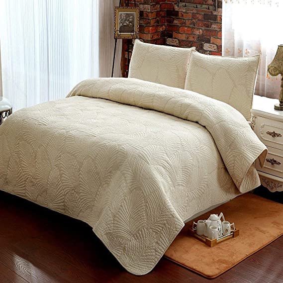 Photo 1 of Brandream Beige Palm Stitching Quilted Comforter Set Queen Size Quilt Set Cotton Lightweight Quilt Blanket Set 3 Piece