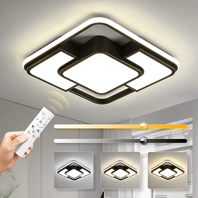 Photo 1 of 62W Dimmable LED Flush Mount Ceiling Light Fixture with Remote Control, 3000K-6500K 3-Color Chandelier Modern Lamp Black, 15.74inch Close to Ceiling Dining Room Bedroom Square Kitchen Lights