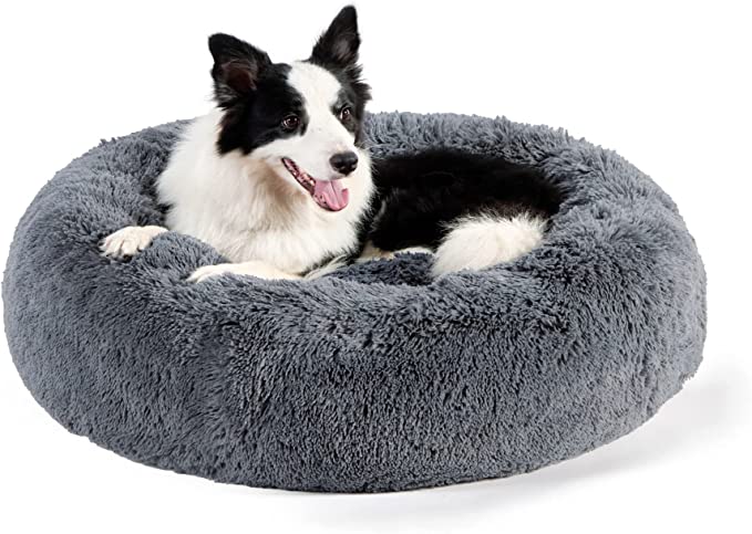 Photo 1 of Bedsure Calming Dog Bed for Large Dogs - Donut Washable Large Pet Bed, 36 inches Anti Anxiety Round Fluffy Plush Faux Fur Dog Bed, Fits up to 100 lbs Pets, Dark Grey