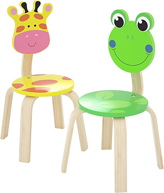 Photo 1 of iPlay, iLearn 2 PCS Wooden Kids Chair Sets, Natural Hardwood Giraffe & Frog Animal Children Chairs, Furniture Set for Toddlers Kids Boys Girls, Stackable for Playroom, Nursery, Preschool, Kindergarten