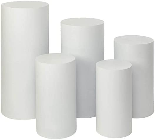 Photo 1 of BOYIDAI 5PCS Round Cylinder Stand Pedestal Display, Cylinder Plinth Wedding Props, Metal White Cylinder Pedestal Display for Birthday Babyshower Party Prop Wedding